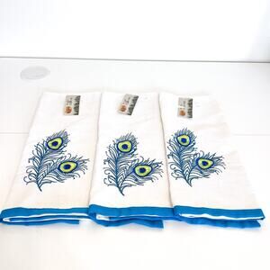 Cracker Barrel Peacock Feather Hand Towels 16X26 White Blue Kitchen Bathroom 3